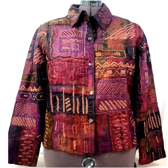 Chico’s Art-To-Wear Patchwork Silk Lined Boho Jacket Size 3 XL - Picture 2 of 9